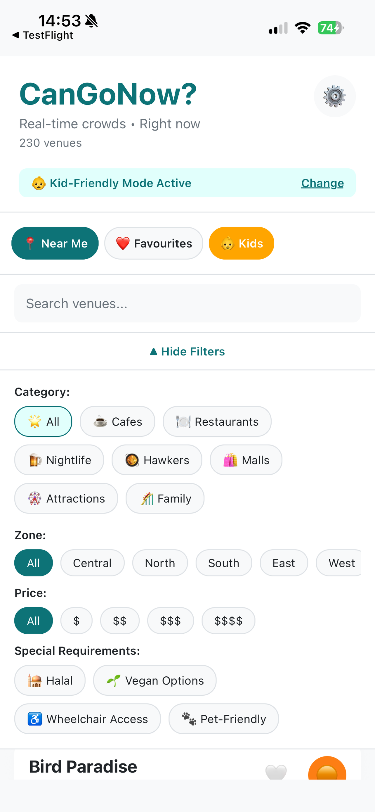 Smart filters by category, zone, price, and accessibility